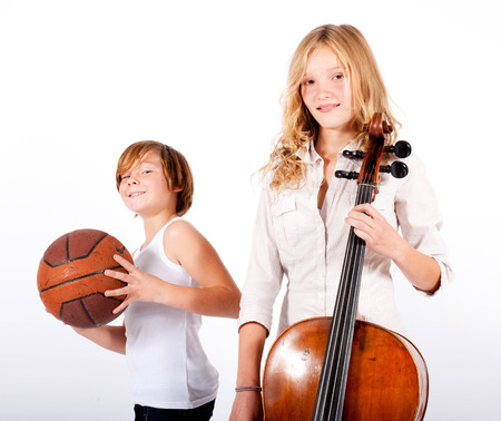 gril with double bass and boy holding a basketballのeditorial素材