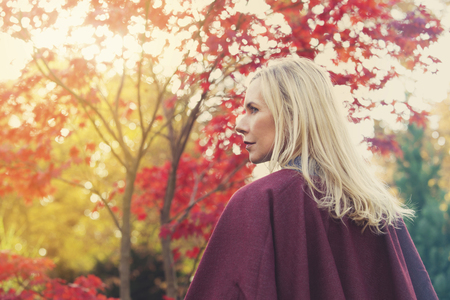 blond woman walking underneath colorful trees in autumnの写真素材