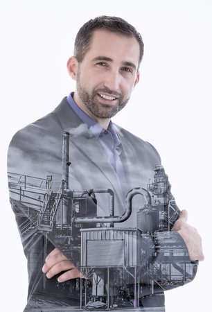 double exposure of businessman and factoryの写真素材