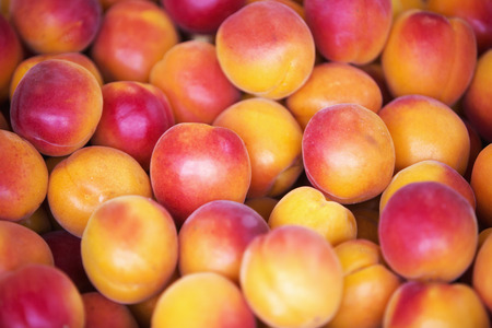 close up of ripe peaches at fruit standの写真素材