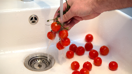 close up of hand washing cherry tomatoes in sinkの写真素材
