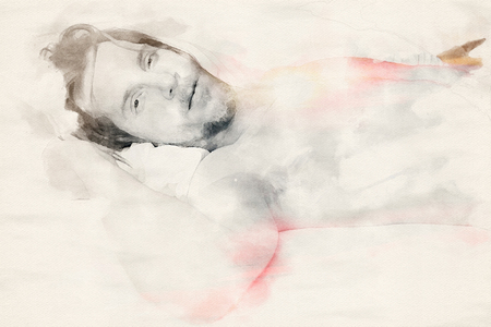 double exposure of handsome man in bed in watercolorsの写真素材