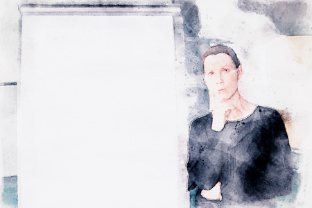 brunette woman standing next to a flipchart in watercolorsの写真素材
