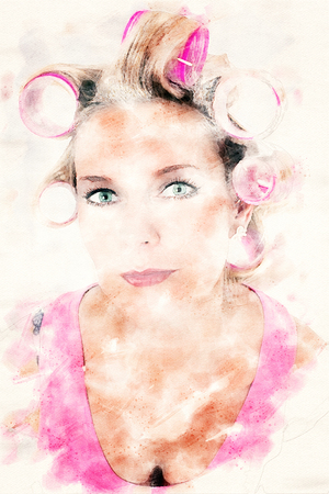blond woman with pink curlers in watercolorsの写真素材