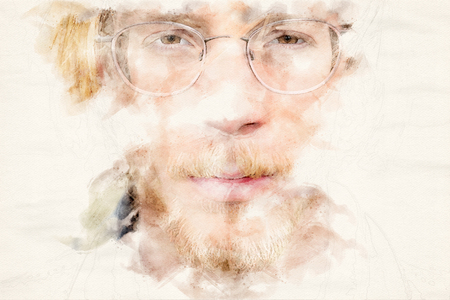 portrait of young bearded man in watercolorsの写真素材
