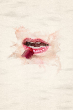 close-up of womans mouth applying lipstick in watercolorsの写真素材