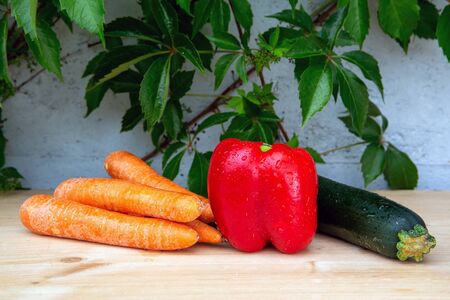 carrots, red bell pepper and courgette on wooden table with plant in the backgroundの写真素材