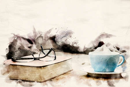 close-up of cup and book with eyeglasses in watercolors
