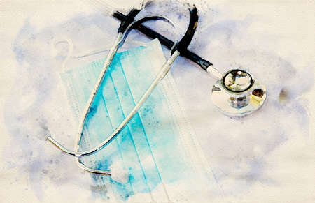 close-up of blue facemask and stethoscope in watercolors