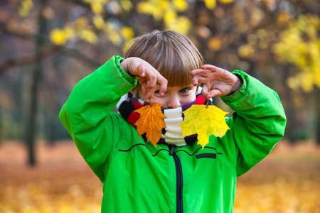 portrait of young boy in park in autumn playing with leavesの写真素材