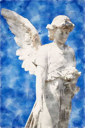 sculpture of an angel with blue background in watercolorsの写真素材