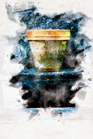 close-up of old mossy flowerpot in watercolorsの写真素材