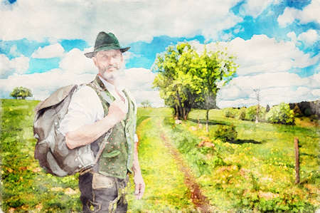bavarian man with a backpack hiking in nature in watercolorsの写真素材