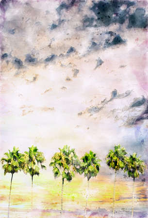 row of palm trees and colorful cloudy sky in watercolorsの写真素材