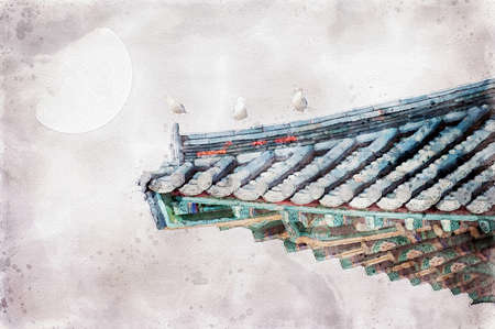 korean roof with birds and big moon in watercolorsの写真素材