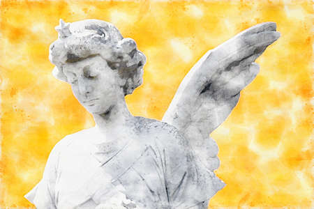 sculpture of angel with yellow background in watercolors