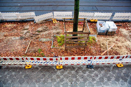 View of sidewalk at a road construction siteの写真素材