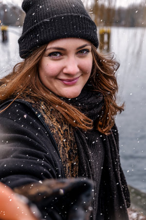 portrait of young brunette woman taking selfie outdoors on snowy dayの写真素材