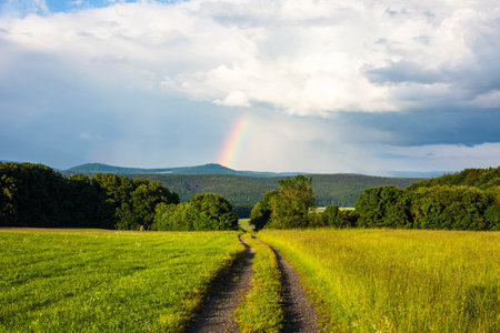 panoramic view of field track and meadow with hills and a rainbowの写真素材
