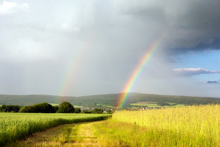 view of a field track and small village in the background with a rainbowの写真素材