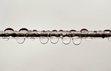 Close up of rain drops on a washing lineの写真素材