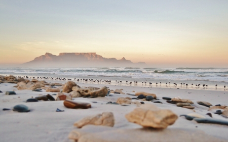 Landscape with beach and Table mountain at sunriseの写真素材