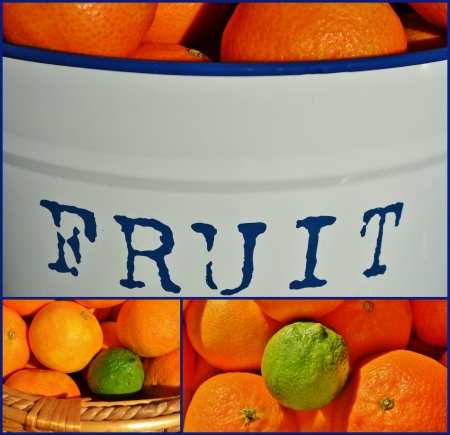 Collage of close ups of orange mandarin and green lime fruitsの写真素材