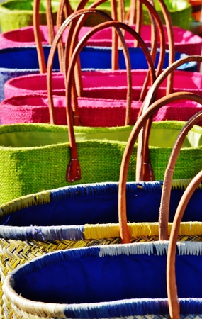 Close up of colorful handmade shopping Basketsの写真素材