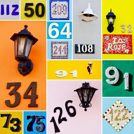 Collage with House numbers on colorful House walls