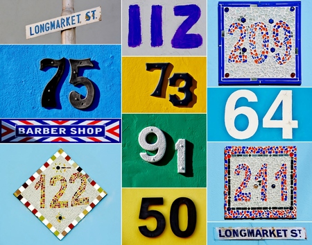 Collage with House numbers on colorful House wallsの写真素材