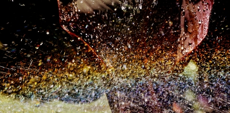 Close up of water drops on red Lily leafの写真素材