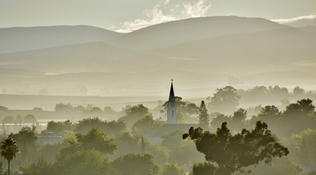 Landscape with early morning fog over Ceresの写真素材
