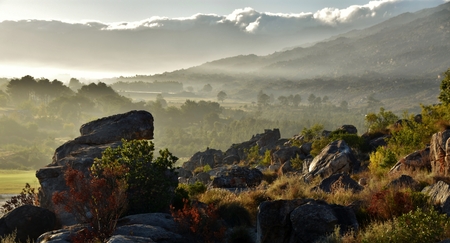 Landscape with early morning fog over Ceresの写真素材