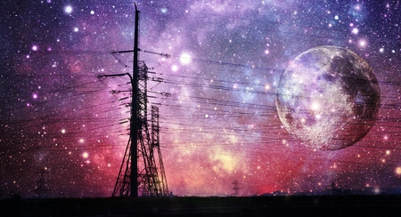 Landscape with power lines and Night skyの写真素材