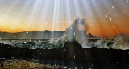 Seascape with a rocky coast and Table Mountain at sunset
