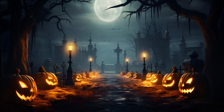 Halloween background with pumpkins and full moon. 3d renderingの素材