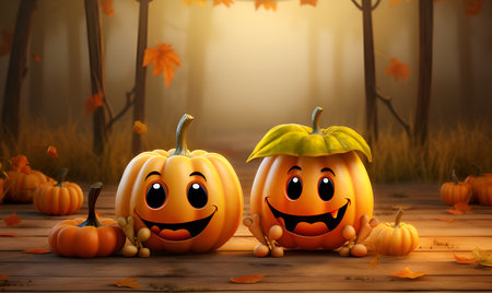 3d render of halloween funny smiling pumpkins with autumn leaves backgroundの素材