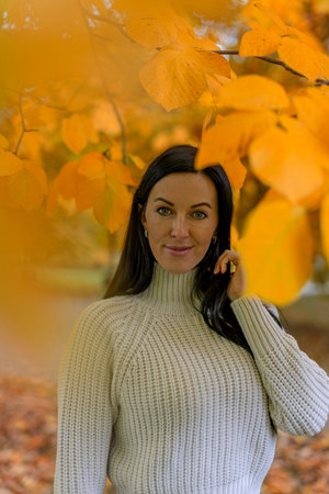 Portrait of a beautiful brunette woman in the autumn park.の写真素材