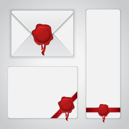 White paper envelope and postcards with ribbons wax seals. Illustration contains gradient meshのイラスト素材