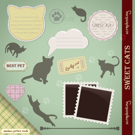 Scrapbooking Set: Sweet Cats. Silhouettes, frames, labels, seamless patternのイラスト素材