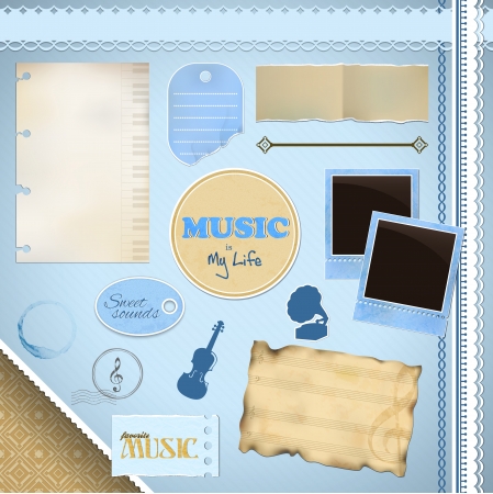 Scrapbooking Set: I Love Music - frames, ribbons, notes, tags and decorationsのイラスト素材