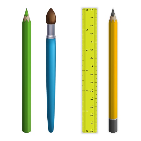 Stationary: pencils, paintbrush, ruler. Illustration contains gradient meshのイラスト素材