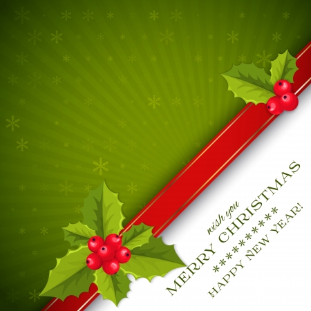 Green Merry Christmas ans Happy new year card with holly berries and leavesのイラスト素材