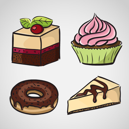 Sketch style sweets - cake, donut, cupcakeのイラスト素材