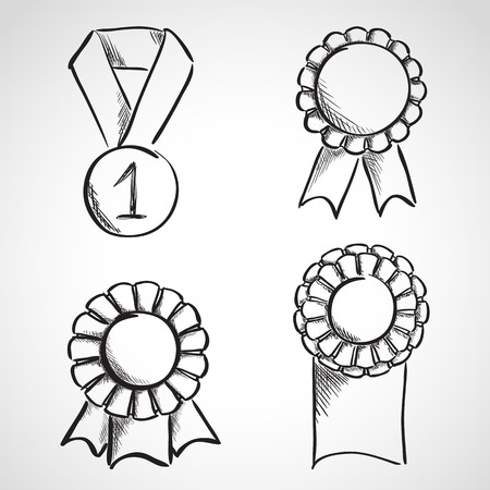Set of sketch prize ribbons. Hand drawn illustrationのイラスト素材