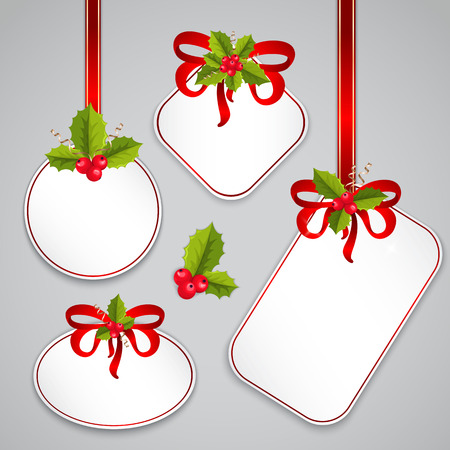 Merry Christmas card and Happy New Year tags with holly berries and bowsのイラスト素材