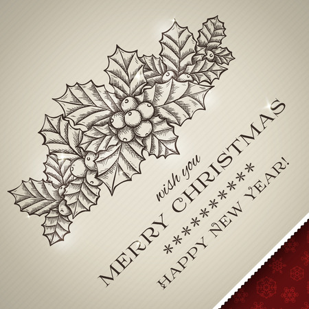 Merry Christmas card and Happy New Year card, hand drawn wreath with holly berryのイラスト素材