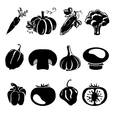 Sketch style silhouettes - different vegetables, cucumber, carrot, mushroom, tomatoのイラスト素材