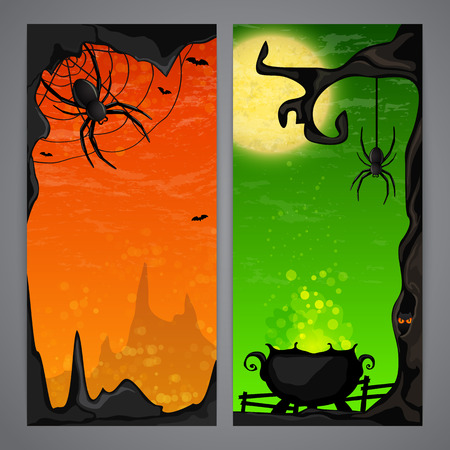 Magic Halloween flayer with witch cauldron and spider caveのイラスト素材