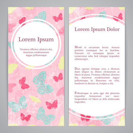 Flayers with retro patterns - butterflies pink background. Textured grunge patterns for vintage and hipster invitation or banner.のイラスト素材